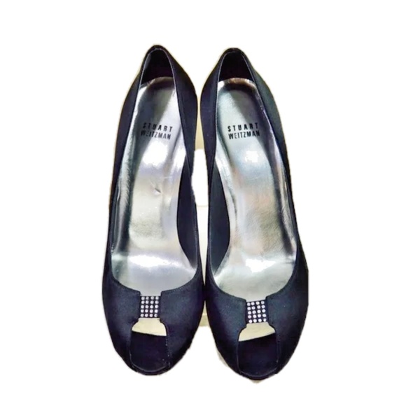 Stuart Weitzman BlacStuart Weitzman Black Satin Peep Toe Crystal Heel Pump - Picture 2 of 14